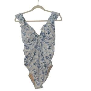 NWT A Pea in the Pod Ruffled Maternity Floral Swimsuit Light Blue Size S